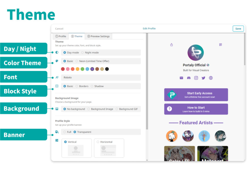 Create your own theme profile in Portaly, the ultimate link in bio platform